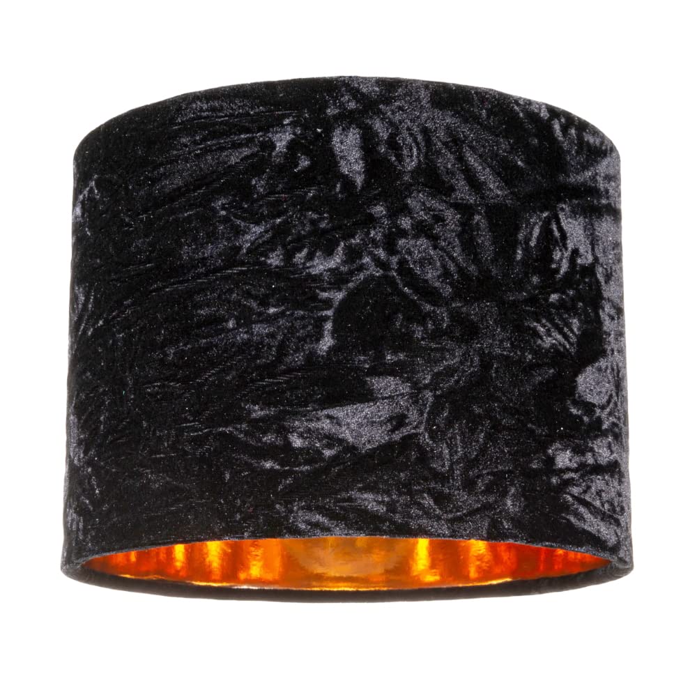 Modern and On-Trend Vivid Black Crushed Velvet Fabric 8" Table or Pendant Circular Drum Lampshade with Shiny Copper Inner - 40watt Maximum | Perfect for Residential or Commercial by Happy Homewares โ image 1