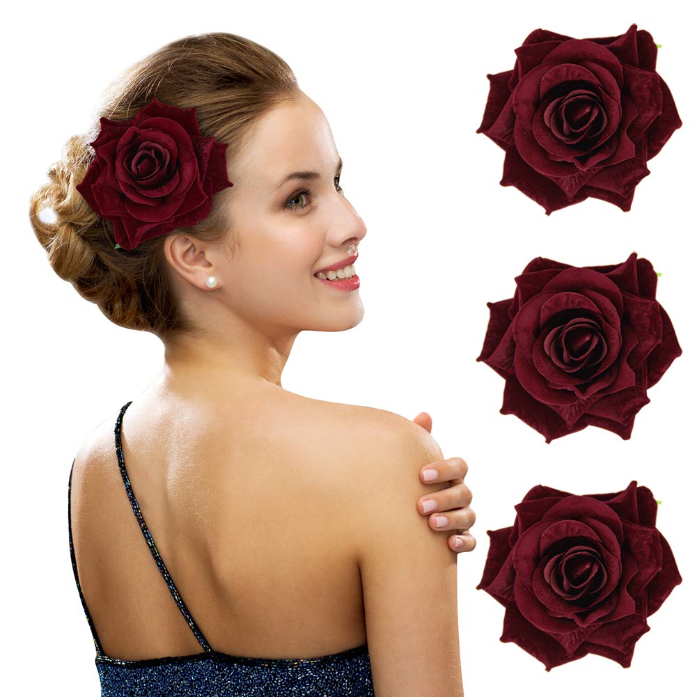 3 9 Dark Red Qtgirl 3 9 Rose Hair Clip Flower Hairpin Rose