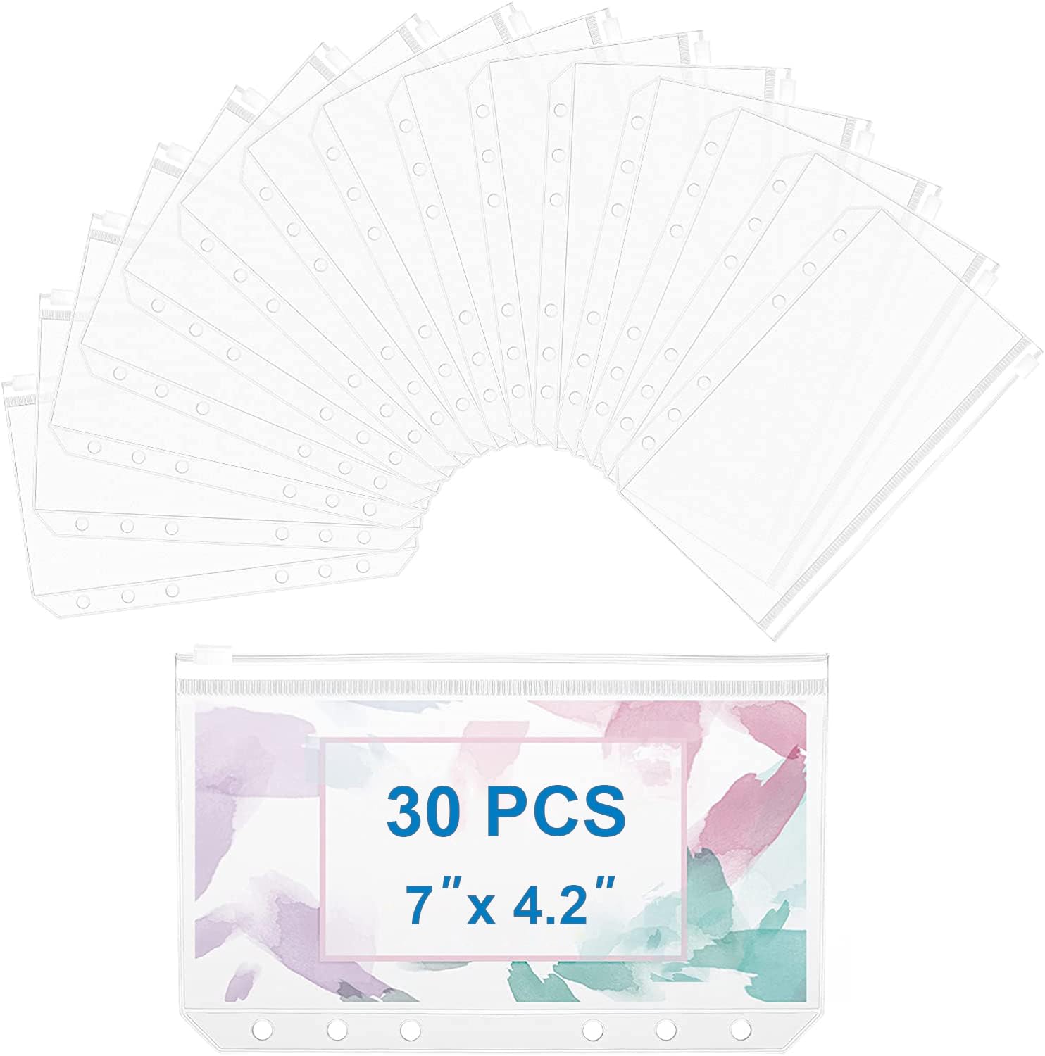 QiXin 30pcs A6 Binder Pockets 6 Holes Zipper Folders Clear PVC Card Loose Leaf Bags Cash Envelopes for Budgeting Binder Waterproof Document Filing Bags for 6 Ring Notebook Planner Inserts