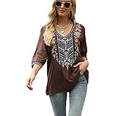 LauraKlein Women's Boho Embroidered Peasant Tops 3/4 Sleeve V Neck Mexican Bohemian Shirts Tunics Blouses
