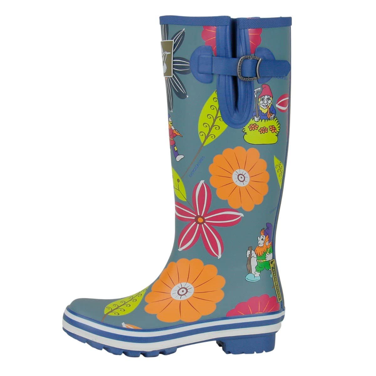 EverCreatures Botas de lluvia para mujeres botas impermeables a la rodilla zapatos de jardín confortes Dalhia botas de lluvia azul alta linda impresa con hebilla ajustable, talla 7 de EE. UU. (Reino Unido 5 / EU 38)