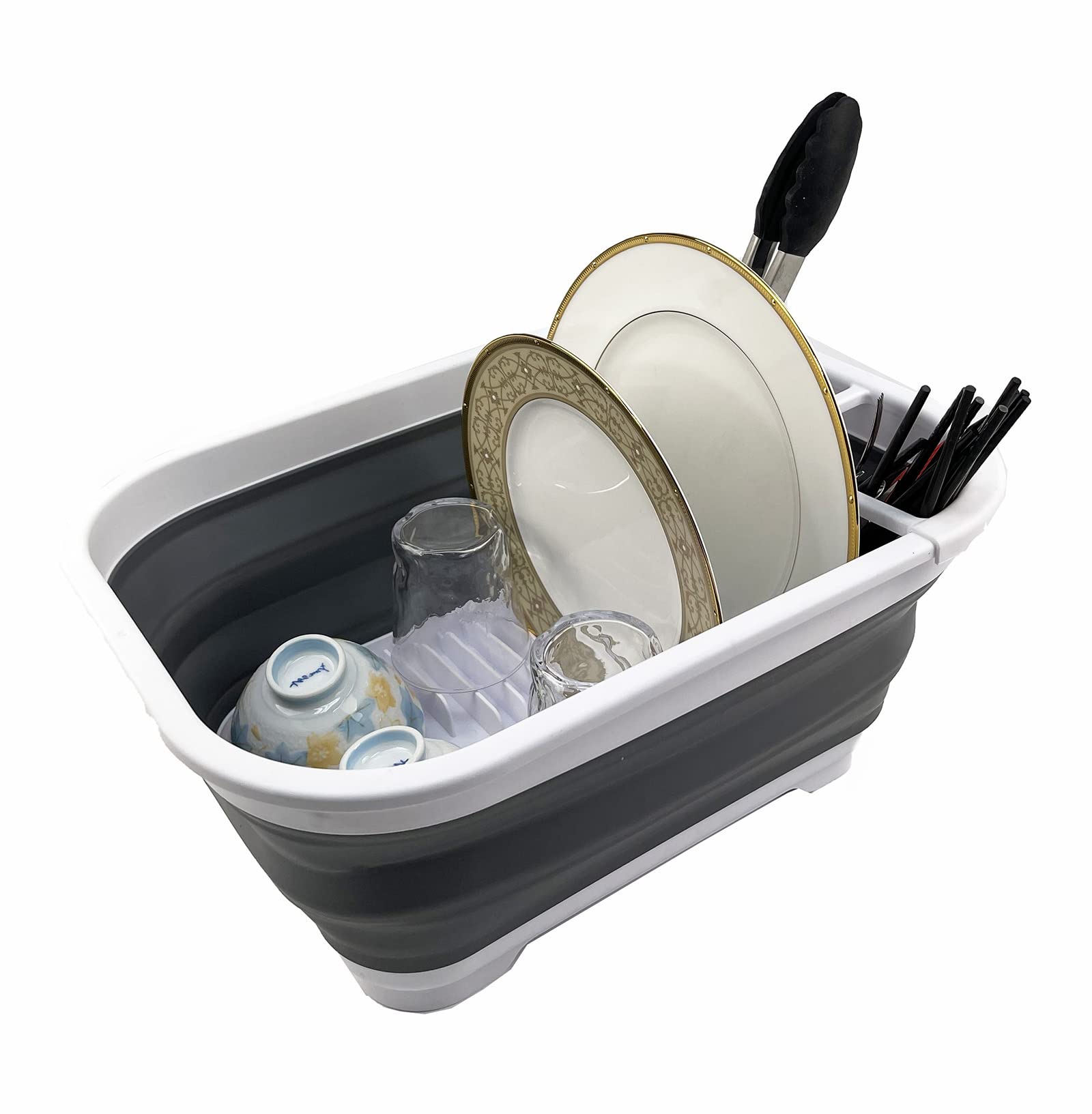 SAMMART 15L Collapsible Dish Drainer - Foldable Drying Rack - Portable Dinnerware Organizer - Space Saving Kitchen Storage Tray (White/Steel Grey)