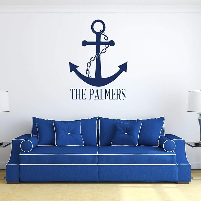 Custom Name Anchor and Chain Wall Decal Vinyl Sticker | Personalized Nautical Ship Symbol Decoration for Living Room, Bedroom | Black, White, Blue, Red, Brown, Other Colors | Small, Large Sizes
