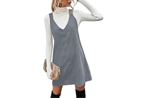 Koinshha Women V Neck Corduroy Overall Dress Casual Loose Short Pinafore Dresses Cute Mini Jumper Dress