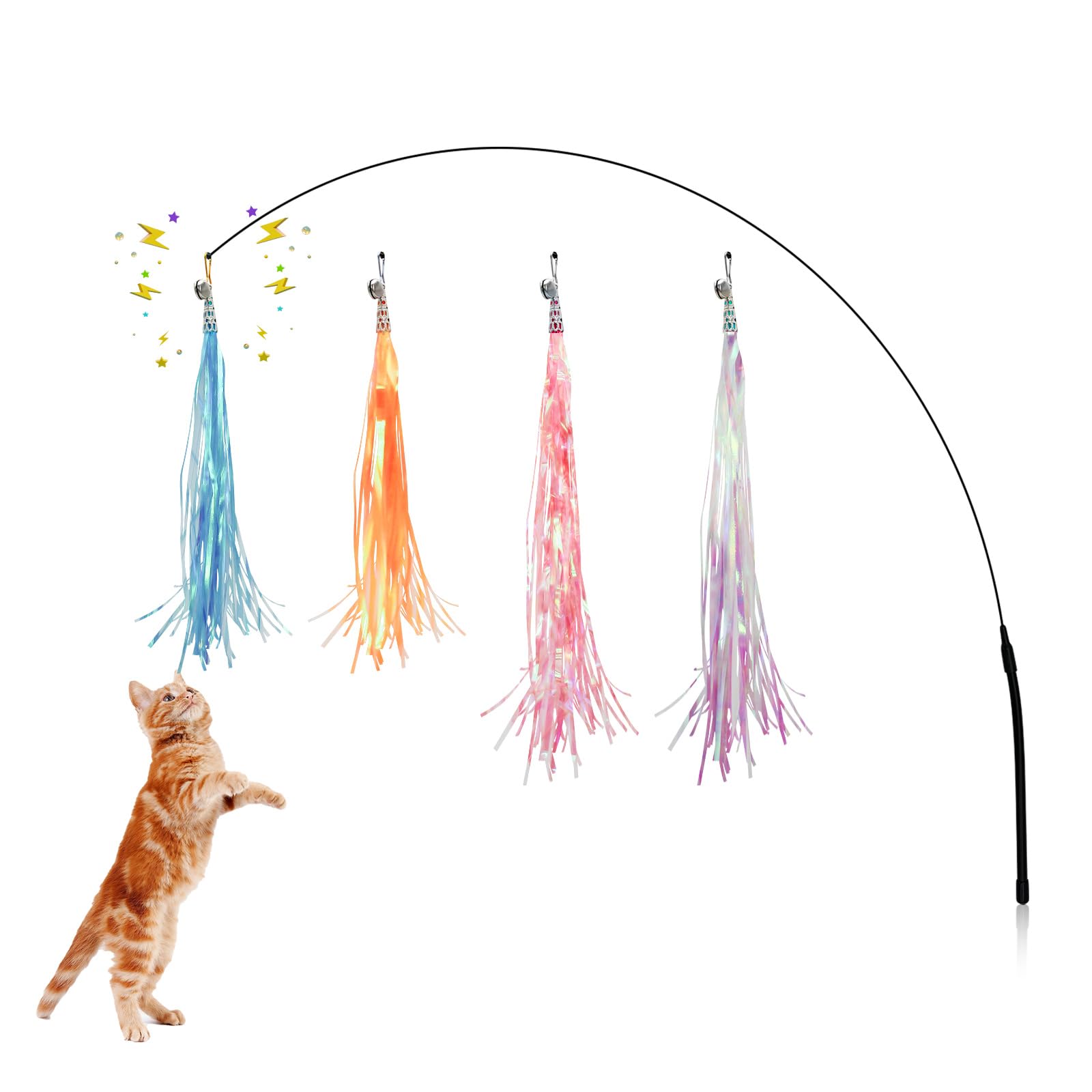 Andiker Cat Wand Toy with 4 PCS 10 Inches Replaceable Colorful Rainbow Tassels and Little Bells Funny and Interesting Cat Toys for Indoor Cats Keeping Fit for Cat Kitten (4PCS)