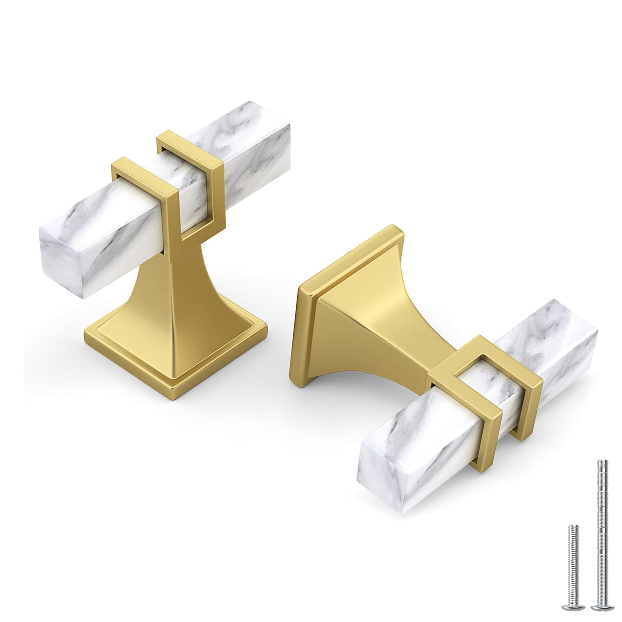 Haliwu 10 Pack White Marble Grain Cabinet Knobs, 2 Tone T-bar Gold Kitchen Handles, Solid Square Dresser and Drawer Pulls Image