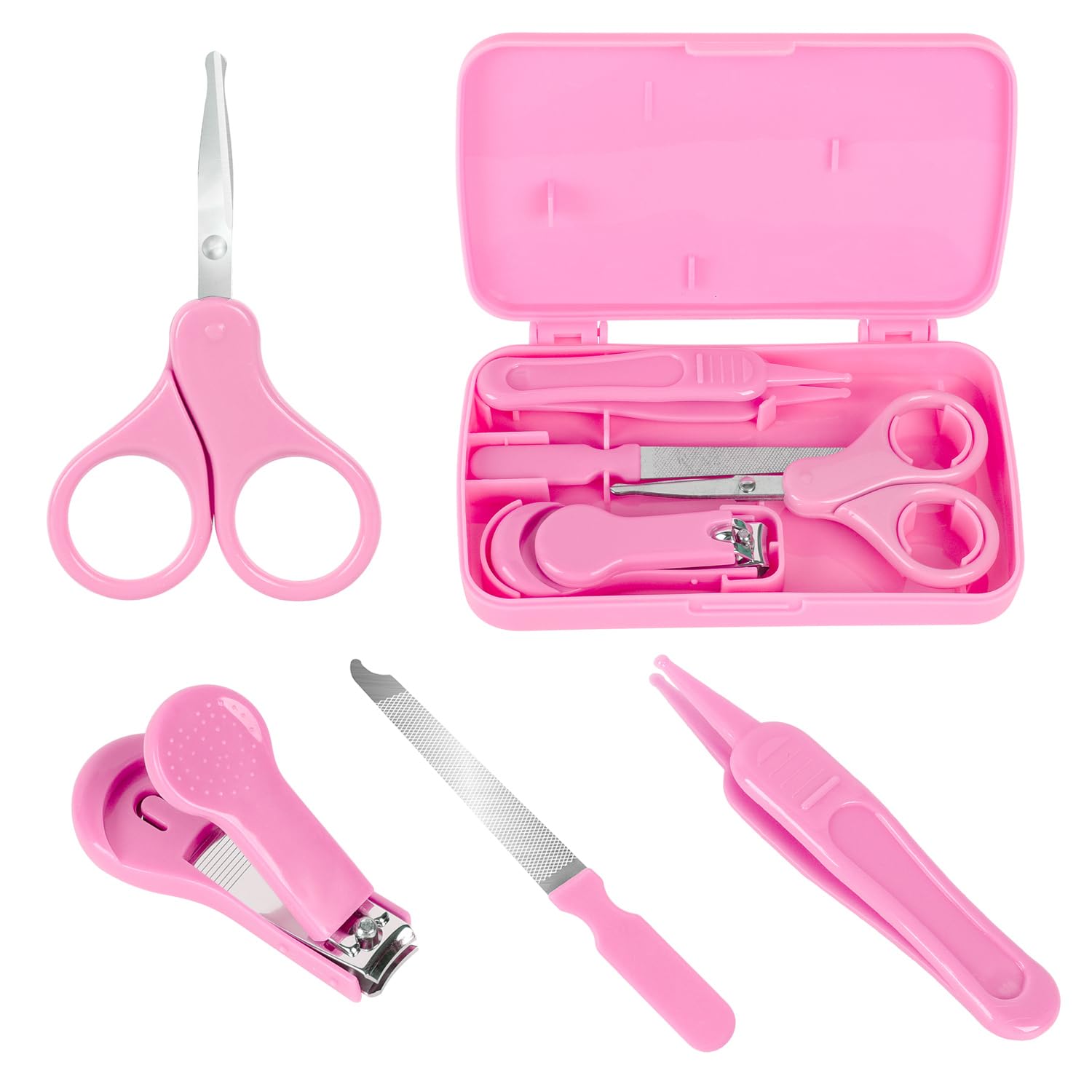 Baby Nail Care Set by Econtal, 4-in-1 Grooming Kit in Pink, Nail Clipper, Scissors, Nail File & Tweezers, Manicure Pedicure, Newborn, Infant, Toddler