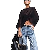 Chiffon Blouses for Women, Women's Sheer Chiffon Shirt Irregular Cape See Long Sleeves Mesh Through Summer Tops