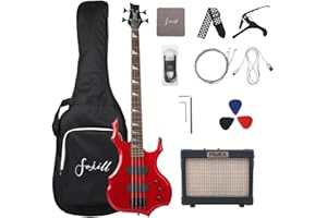 Fojill Cool Full Size 4 Four String Electric Bass Guitar 10W Battery Power Bluetooth Amplifier Amp Beginner Starter Kit Set Combo Bundle Package Accessory Bag,Picks,Capo,Cable,Strings(Metallic Red)