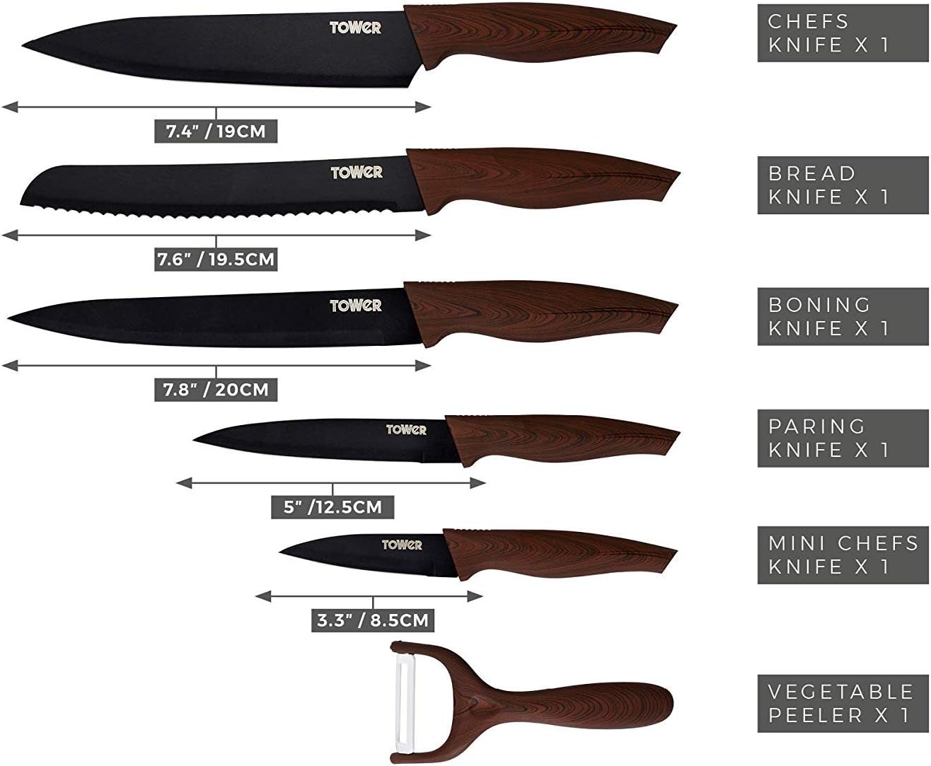Tower T81536WT Kitchen Knife Set, Soft Touch Wood Effect Handles with Non Stick Coated Stainless Steel Blades, Walnut, 6-Piece - Image 3