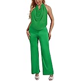 2 Piece Sets for Women Sexy Summer Mesh Halter V Neck Tank Tops High Waist Wide Leg Pants Sets Clubwear Outfits Jumpsuits