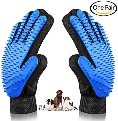 Pet Grooming Glove, Horhin Gentle Deshedding Brush Glove Efficient Hair Remover Brush Bathing Grooming Massage Gloves for Dogs, Cats &amp; Horses with Long &amp; Short Fur,Enhanced Five Finger Design-One Pair