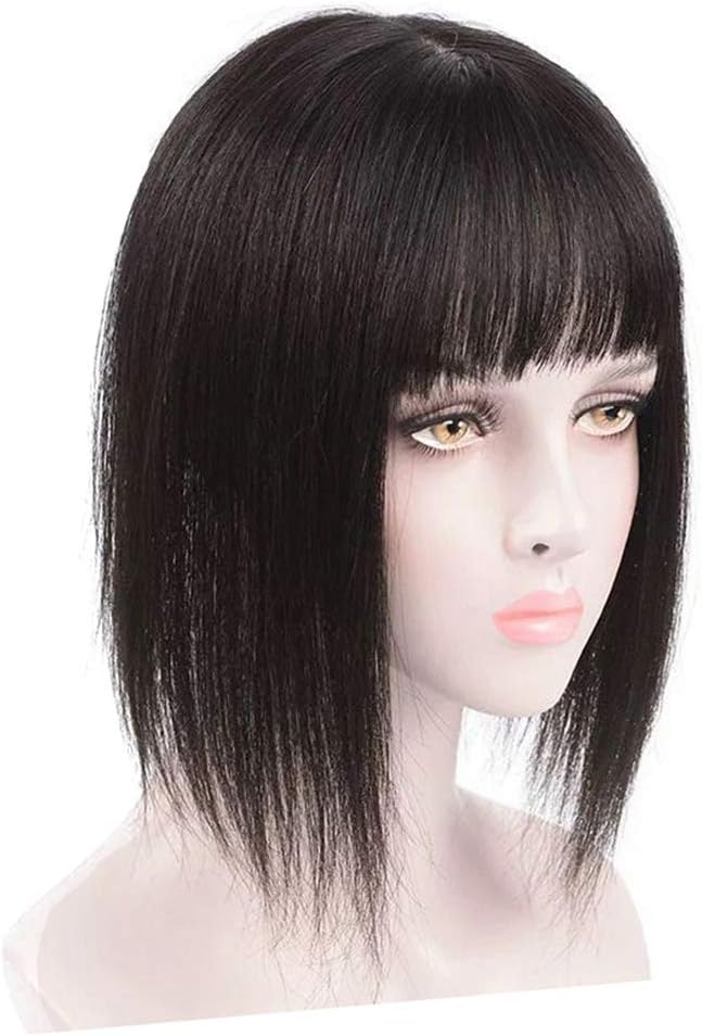 Bang Topper Human Hair Clip on Crown Volume Hairpiece for Women with Gray and Thinning Hair, 8" Dark Brown