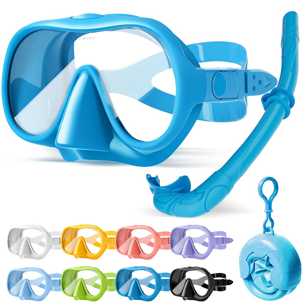 HINATAA Snorkel Set Adults, Fashionable Macaron Colors Frameless Snorkeling Mask, Ultra Wide View Anti-Fog Snorkel Mask Set, Portable Professional Diving Snorkeling Set (Dark blue)