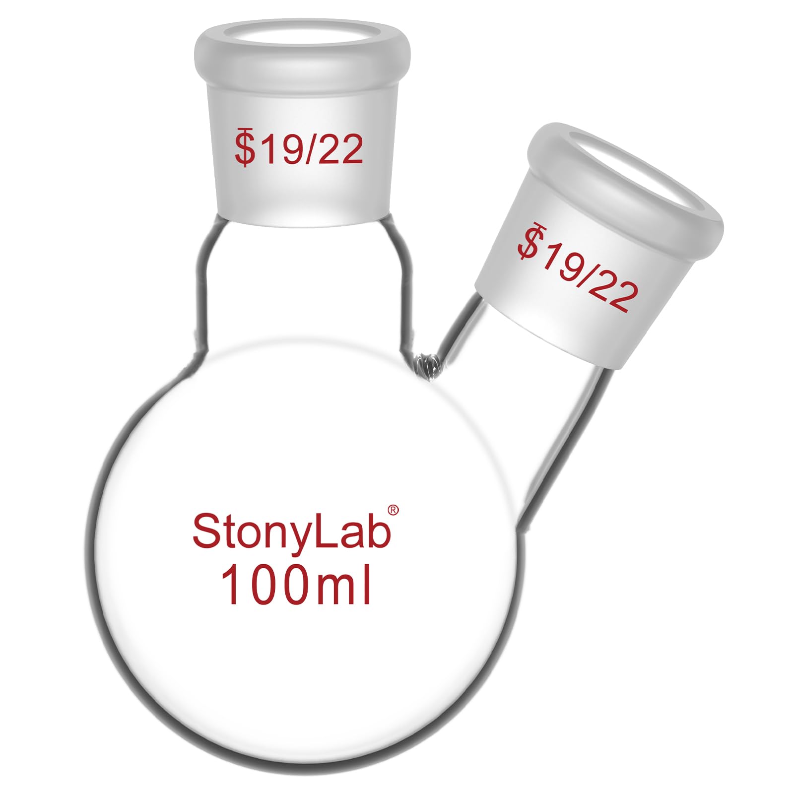 StonyLab Glass 100ml Heavy Wall 2 Neck Round Bottom Flask RBF, with 19/22 Center and Side Standard Taper Outer Joint, 100ml