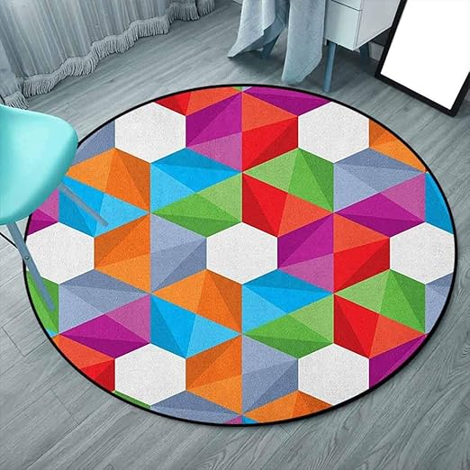 Geometric Round Rug Pads 3'3" Round, Multicolor, Colorful Retro