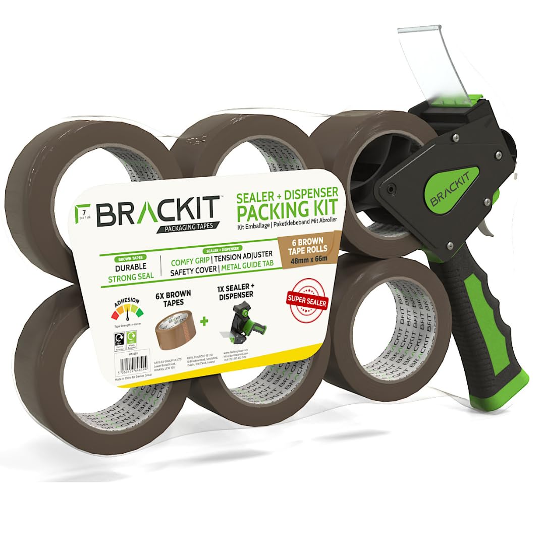 brackit Packing Tape with Dispenser, Brown 48mm x 66m, Pack of 6 Rolls – Strong Heavy Duty Packing Tape for Regular Use or Moving – Easily Seals Your Parcels and Boxes - Packaging Tape Dispenser