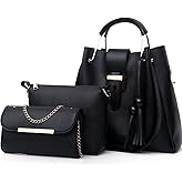 FiveloveTwo Womens Ladies Purse and Handbags 3 Pcs Bag Set PU Leather Tassel Totes Clutch Satchels Top Handle Shoulder Crossbody Bags Pack Black