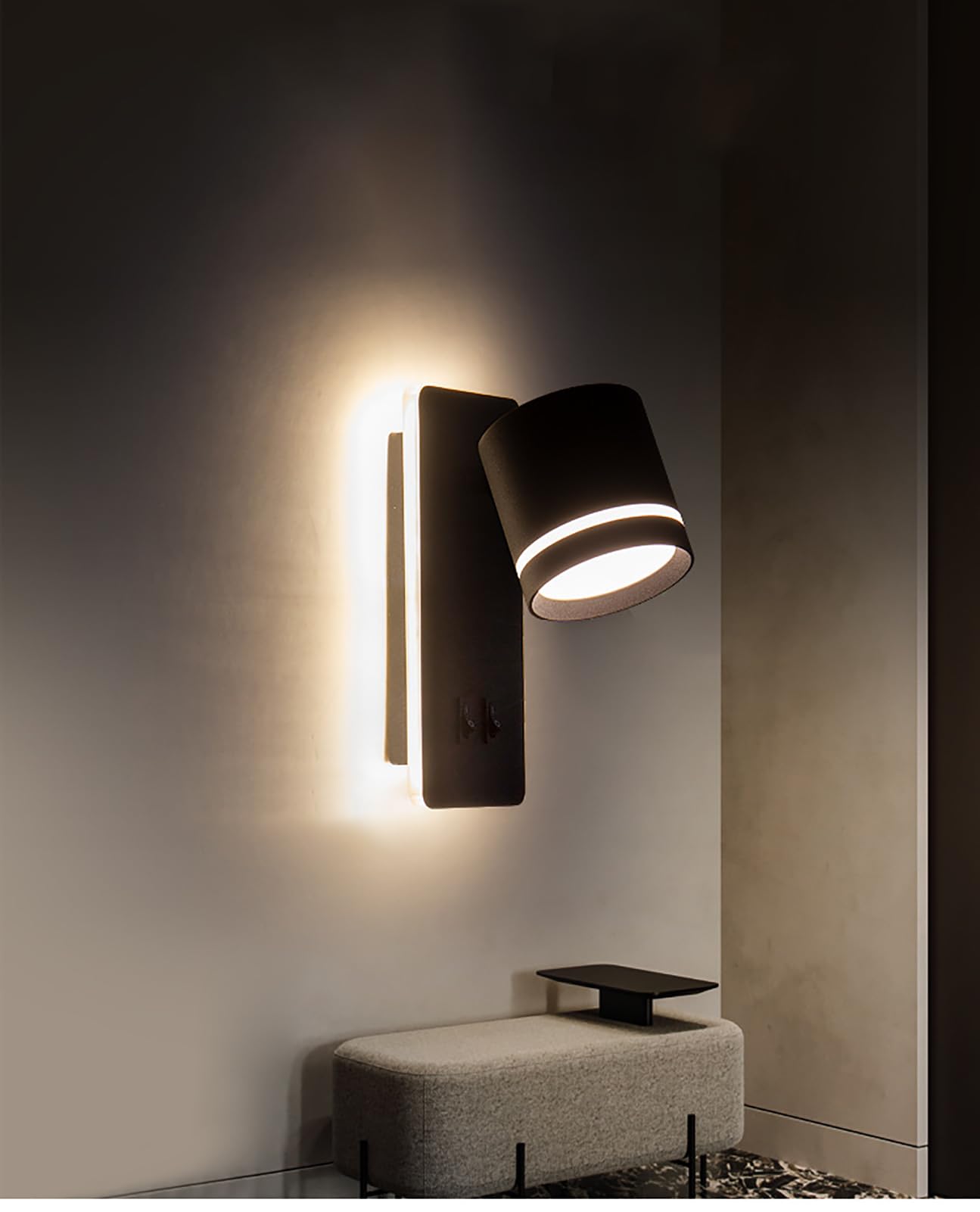 GUSGL Modern Plug in Wall Sconce，Bedroom LED Wall Mounted Reading Lights Adjustable 9W Spotlight +6W Background Light 3000K