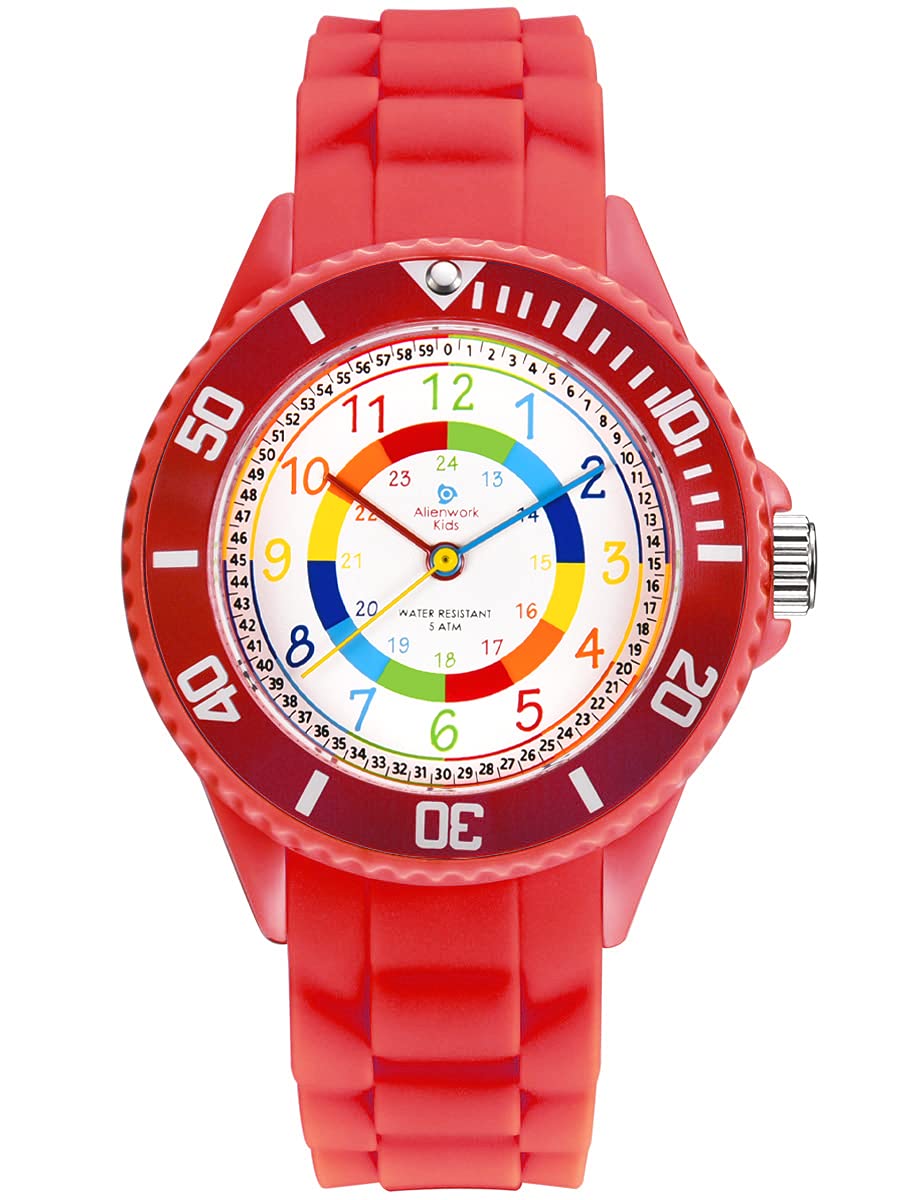 Alienwork Kids Children's Teacher Watch Girls Red Silicone Strap Multi-Coloured Children's Kid Waterproof 5 ATM Learning Time
