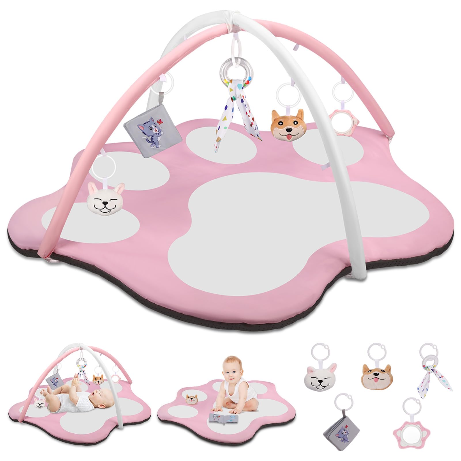 Photo 1 of Baby Gym Activity Play Mat,Oversize Cute Cat Claw Shaped Baby Play Mat Tummy Time Mat with 5 Detachable Toys Promote Motor Skills & Sensory Development Mat Washable Play Mat for Infant Toddler Pink