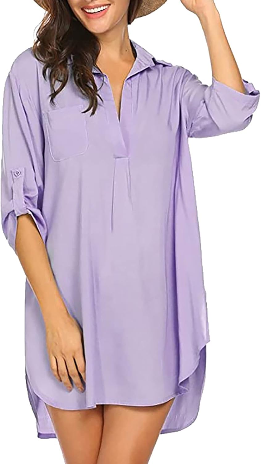Women's RollUp 3/4 Sleeve Solid Color Blouses Tunic V Neck Casual