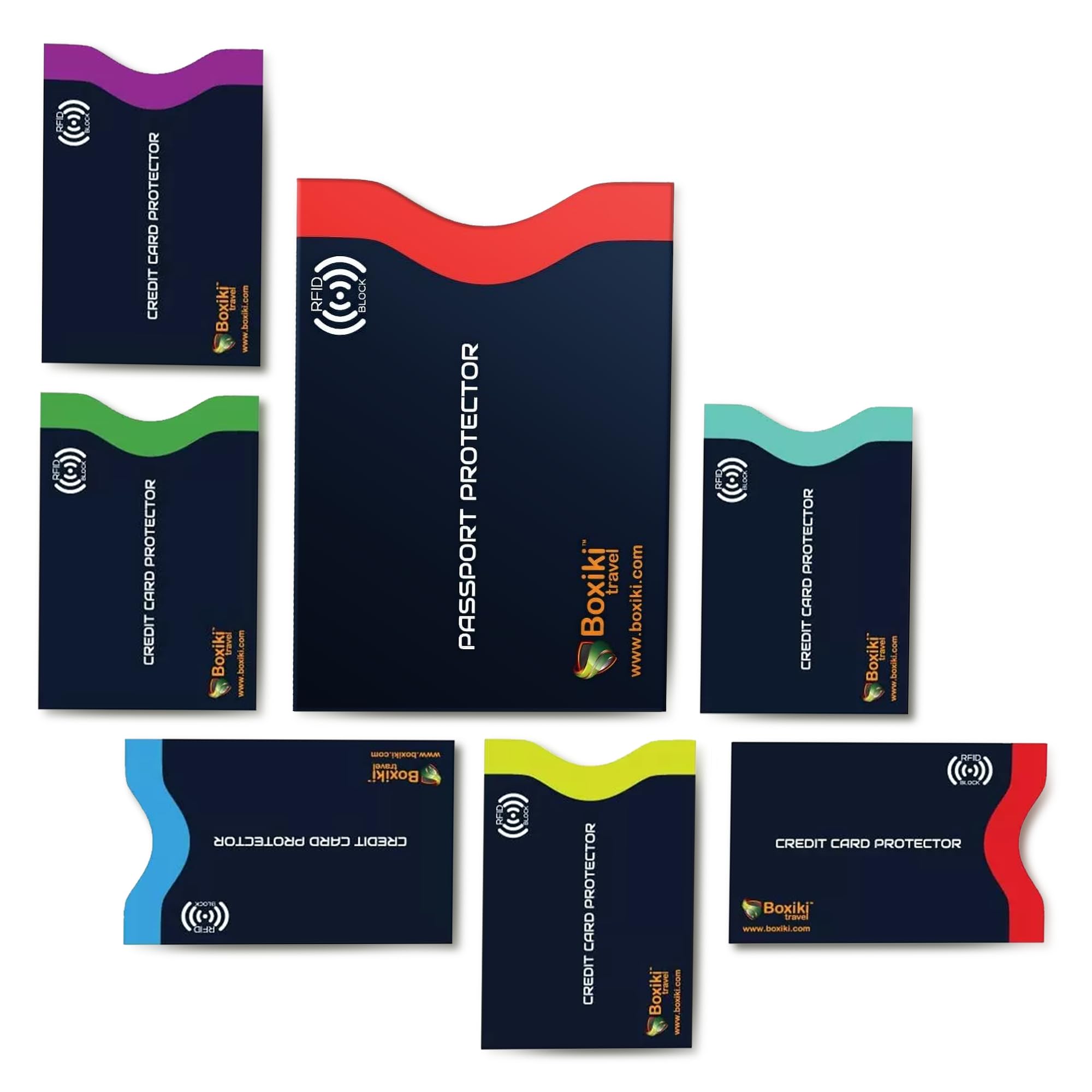 Boxiki Travel RFID Blocking Sleeves, Set with Color Coding. Identity Theft Prevention RFID Credit Card Holders (Navy 7 PCS)