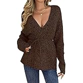 GCZREN Women Oversized V Neck Belt Tie Wrap Sweater Cardigan Winter Trendy Long Sleeves Open Front Knit Long Cardigans