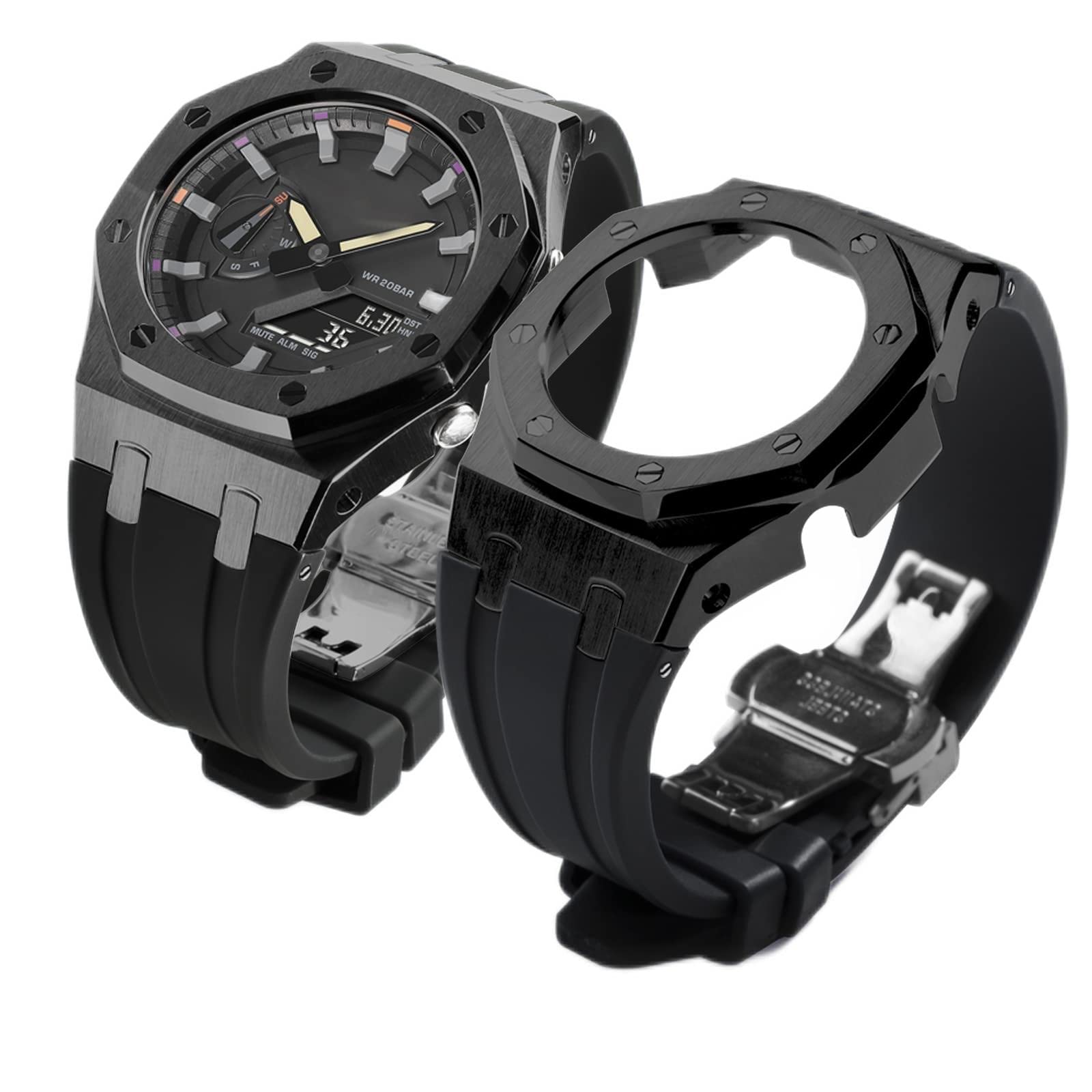 Neuupesen GA2100 Stainless Steel Watch Case with Metal Watchband and Rubber Strap Mod Kit - Compatible with GA-2100/GA-2110/GA-B2100 Series - Watch Part Replacement