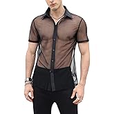 Verdusa Men's Sheer Mesh Button Up Shirt See Through Short Sleeve Top