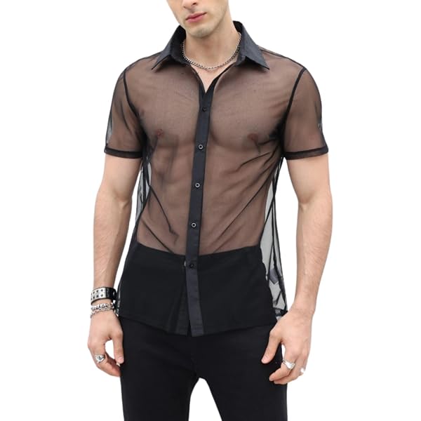 WDIRARA Men's See-Through Mesh Party Shirt – Hollow Out Button Front – Sheer Short Sleeve Top - View #3