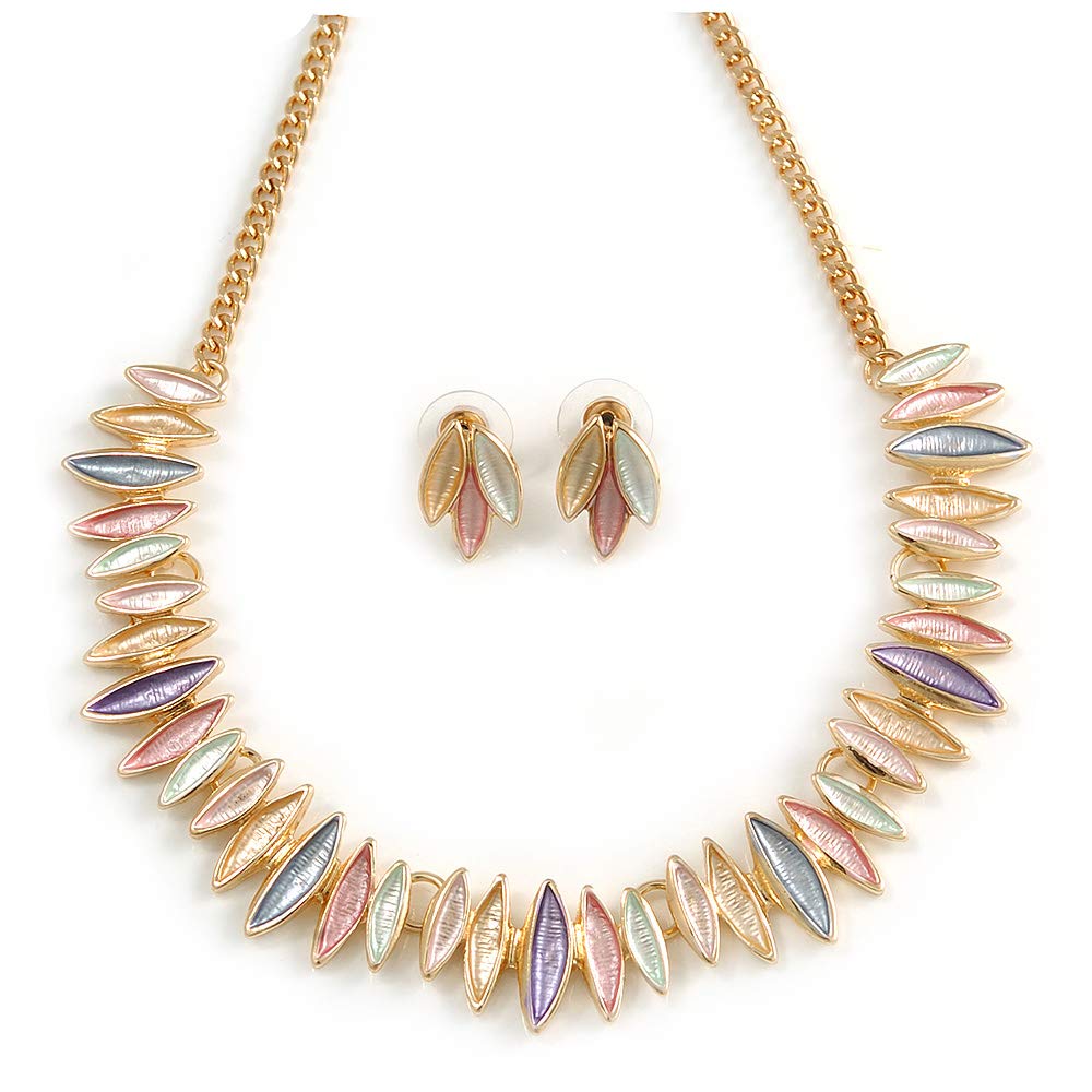 Avalaya Pastel Multi Matt Enamel Abstract Leaf Necklace & Stud Earrings In Gold Tone Metal - 43cm L/ 6cm Ext
