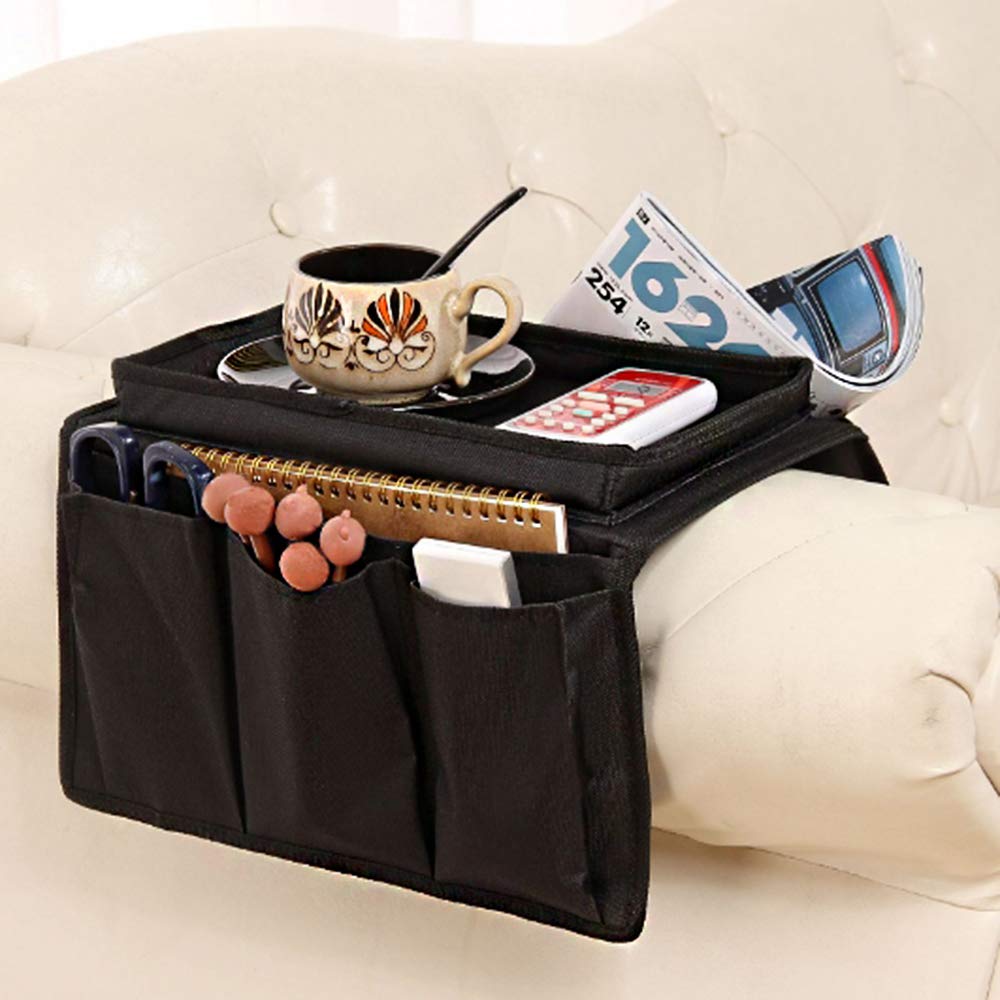 BEISIJIA Sofa Armrest Organizer With Cup Holder Tray, Couch Caddy TV Remote Control Storage Holder for Cellphone Tablets Magazines Book Glasses Cables Drinker Snacks Holder Pouch (Black)
