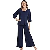 NACHILA Women's Pajamas Set 3/4 Sleeves Pjs V Neck Sleepwear Soft Loungewear with Wide Leg Pants, Viscose Made from Bamboo