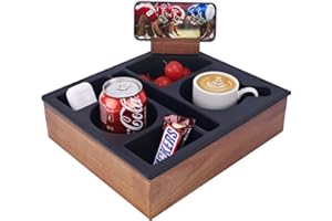 Couch Cup Holder Tray, Hitseon Silicone Acacia Wooden Couch Caddy with Cup Holder for Bed Car Beach, Drink Holder for Couch with Upgrade Removable 360° Rotating Holder Black