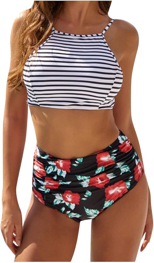 high neck high waisted bikini set