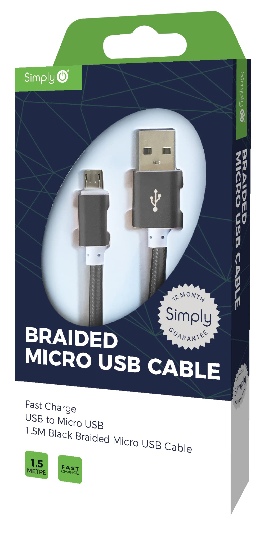 Simply ICMC03 Micro USB to USB 1.5 m Long Braided Charging Cable for Smartphones, Tablets, Sat Navs & Playstation 4 Controllers,Black