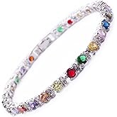 RIZILIA Round Multi-Color CZ Birthstone White Gold Plated Tennis Bracelet, 7"