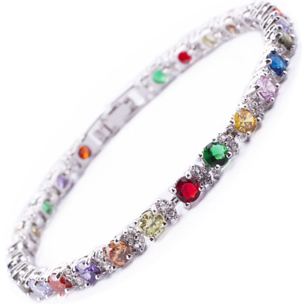RIZILIA Eternity Tennis Bracelet [18cm/7inch] with Round Cut Gemstones CZ [Multi Coloured] in 18K White Gold Plated, Simple Modern Elegance
