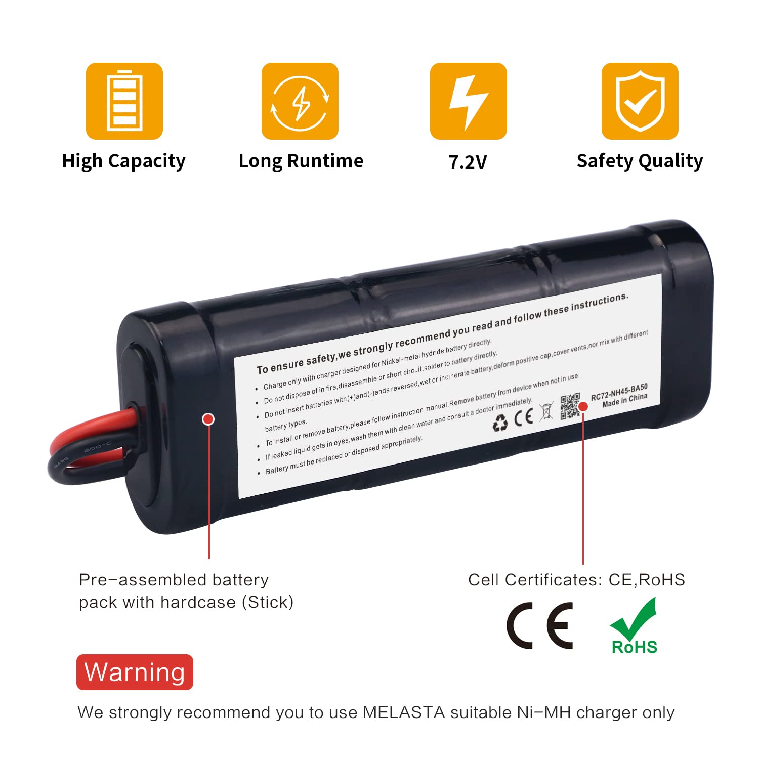 Melasta 7.2V 5000mAh NiMH RC Battery Pack Compatible With Banana Connector For Redcat Racing