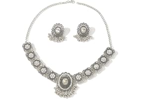 OIDIMS Vintage Austrian Crystal Kundan Necklace Earrings Jewelry Set for Women Bride Indian Traditional Bollywood Statement Choker Punk Pendent Necklace Earring Tassel Dangling for Wedding Party Prom