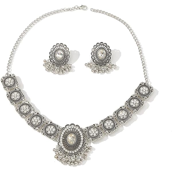 Afghani Antique Oxidized Silver Necklace Set – Tribal Tassel Ghungroo Bells Long Statement Jewelry