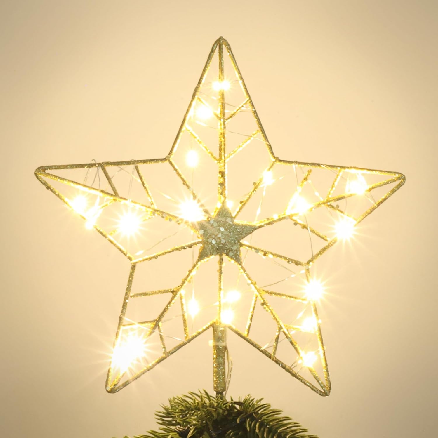 Tree Toppers - YEAHOME Christmas Tree Topper, Lighted Hollow 5-Point Star Tree Topper, Wire Star for Christmas Treetop with 20 LED Lights Xmas Tree Topper for Christmas Tree Ornament Decoration, Gold Glittered