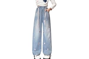 NABER Kids Girls Casual Baggy Wide Leg Denim Pants Elastic Waist Casual Jeans Age 5-14