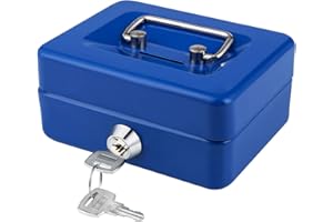GOEHIAUL Mini Cash Box with Lock and Slot Small Cash Box with Money Tray Metal Piggy Bank Safe Box 4.9" x 3.7" x 2.4" Blue