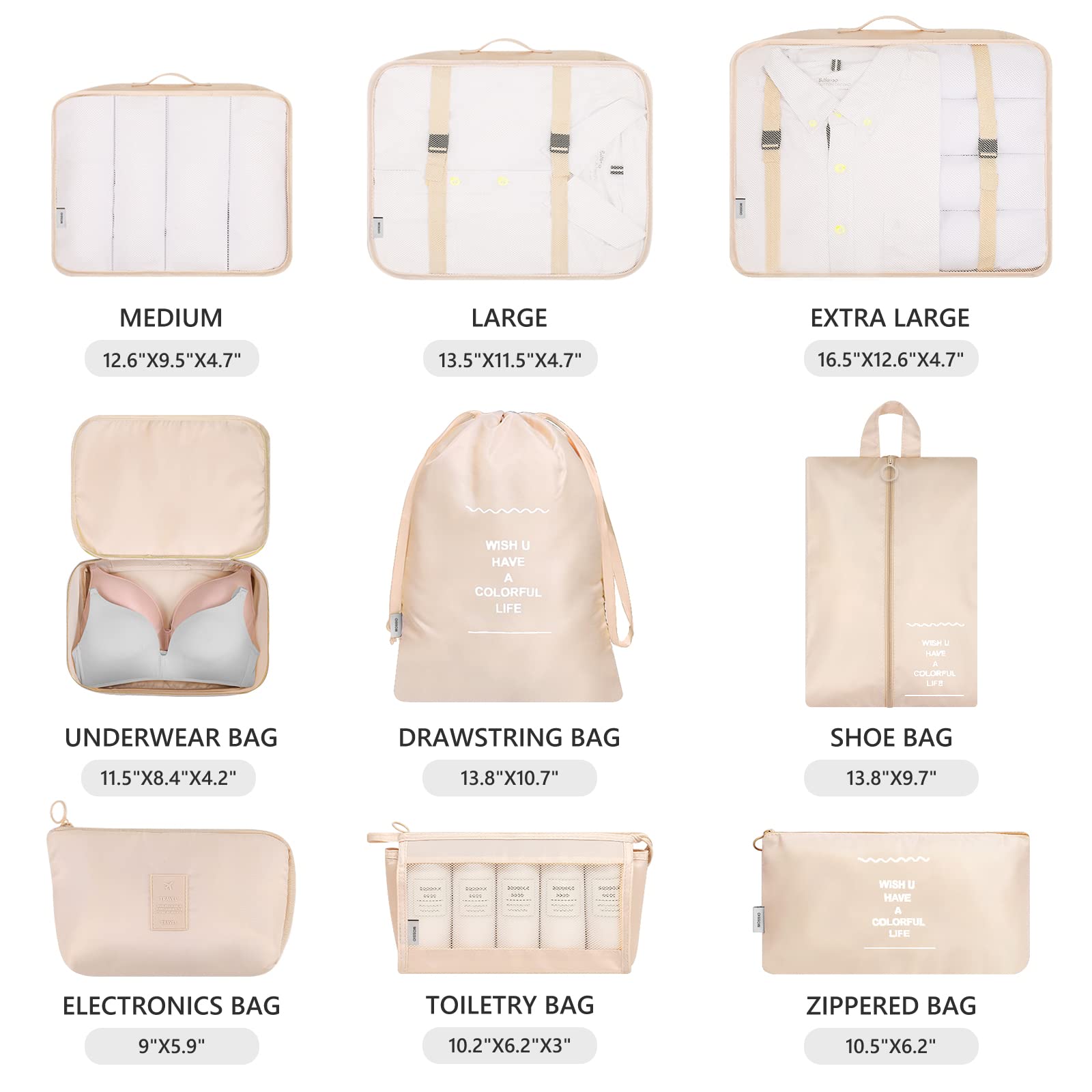 Mossio 9 Set Packing Cubes with Shoe Bag & Electronics Bag - Luggage Organizers Suitcase Travel Accessories