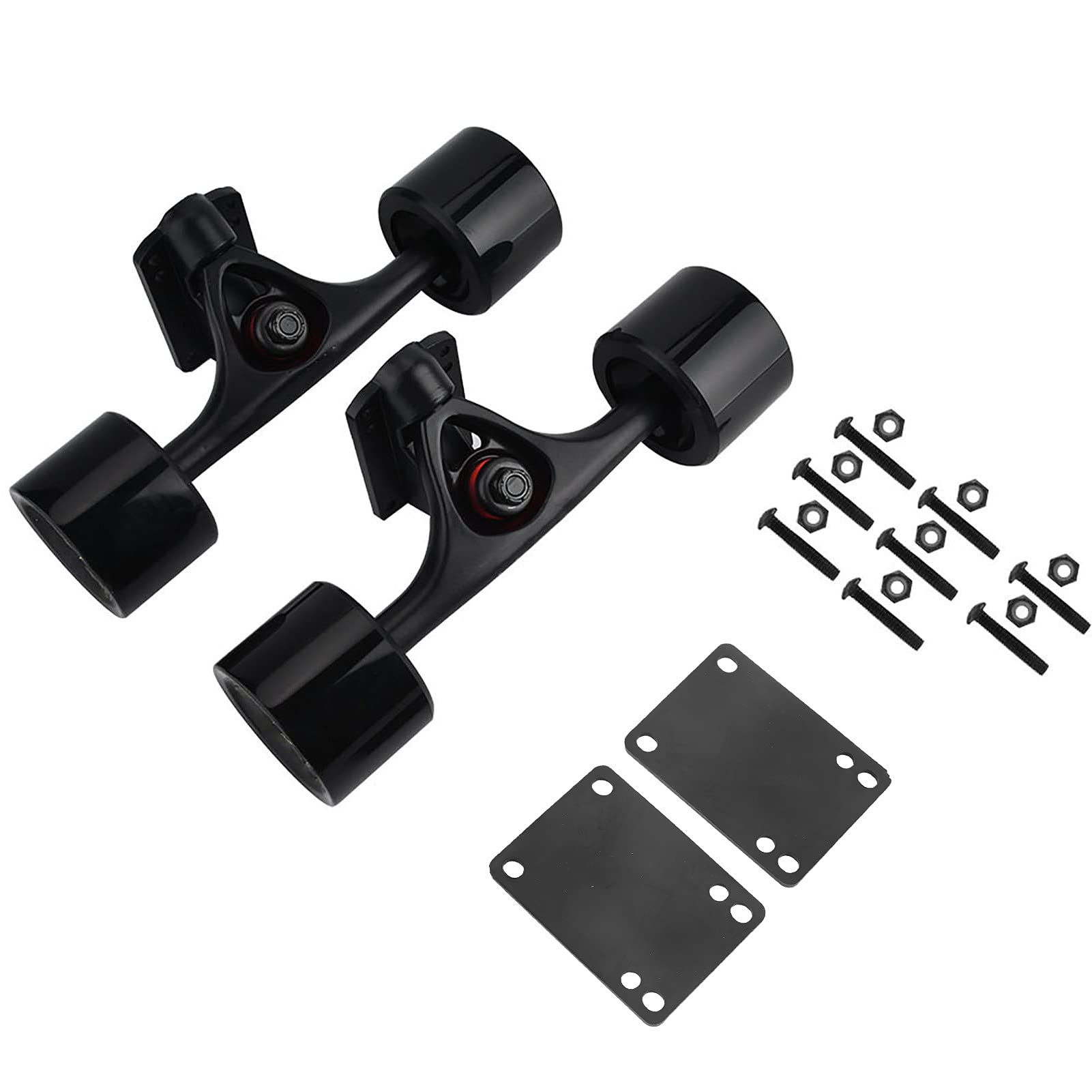 Alomejor 2pcs Skateboard Truck Combo Set with Skateboard Wheel Riser Pad Bearing+8 Longboard and Nut(black shaft black wheel)