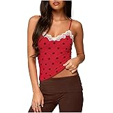Women Polka Dot Y2K Cami Top Sexy Lace Trim Spaghetti Strap Tank Top Fairy Backless Dot Print Going Out Camisole