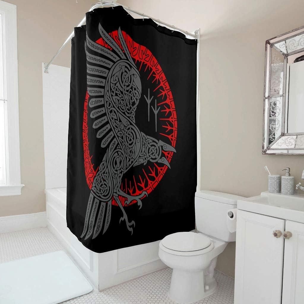 Amazon Com Pocover Waterproof Shower Curtains With Hooks Norse Viking Raven Red Sun Knot Totem Odin S Crow Mythology Print Tribal Bath Curtain Bathroom Decor White 59x72inch Kitchen Dining