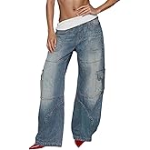 Famnbro Womens Barrel Cargo Jeans Y2k Elastic Patchwork High Waisted Straight Wide Leg Boyfriend Denim Pants